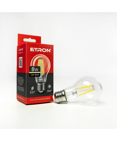 Світлодіодна філаментна лампа ETRON Filament A60 8W E27 3000K прозора