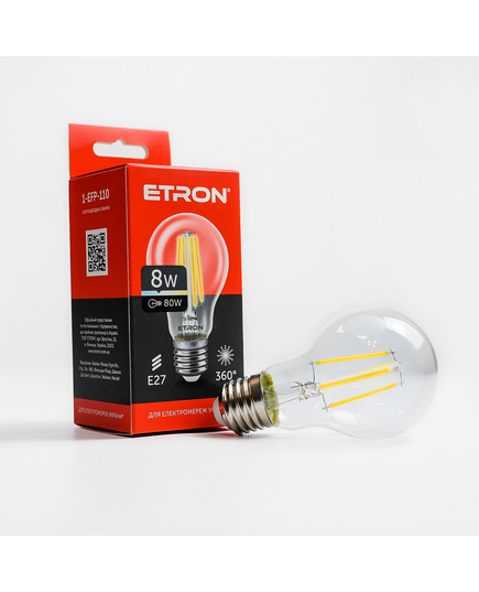 Світлодіодна філаментна лампа ETRON Filament 8W A60 E27 4200K прозора