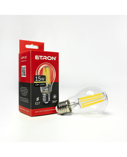 Світлодіодна філаментна лампа ETRON Filament A60 15W E27 3000K прозора