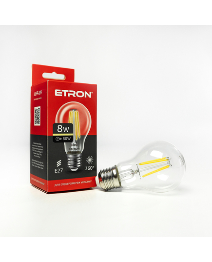 Светодиодная филаментная лампа ETRON Filament A60 8W E27 3000K прозора