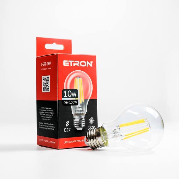 Світлодіодна філаментна лампа ETRON Filament 10W A60 E27 3000K прозора