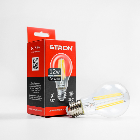 Світлодіодна філаментна лампа ETRON Filament 12W A60 E27 4200K прозора