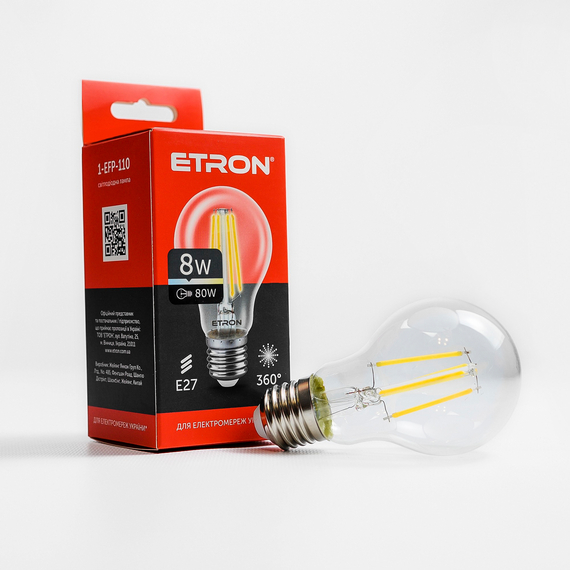 Світлодіодна філаментна лампа ETRON Filament 8W A60 E27 4200K прозора