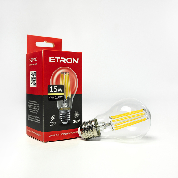 Світлодіодна філаментна лампа ETRON Filament A60 15W E27 3000K прозора