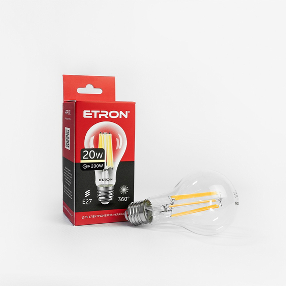 Светодиодная филаментная лампа ETRON Filament A65 20W E27 3000K прозора