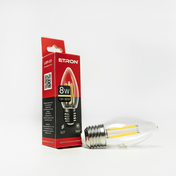 Світлодіодна філаментна лампа ETRON Filament C37 8W E27 3000K прозора